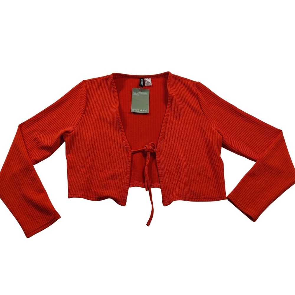 H&M Divided Girls Red Ribbed Cropped Tie-Front Cardigan Sweater Size L NEW